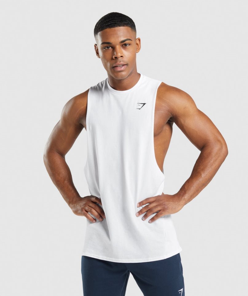 Men\'s Gymshark Critical 2.0 Drop Arm Tanks White | NZ 9BZKHW